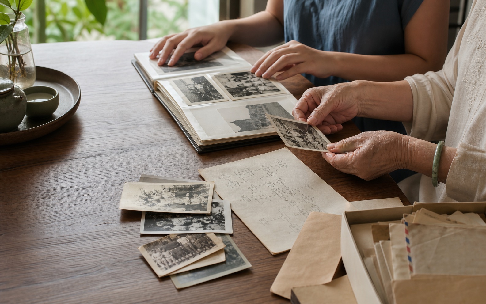 Two generations carefully arranging family photographs and a handwritten family tree